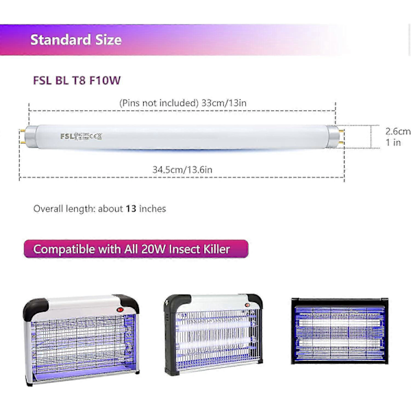 Fsl T8 F10w Bl Vaihtolamppu Hyttysentappajalampulle, 34,5cm Uv-putki 10w Hyttysentappajaan/Hyönteistentappajaan (2kpl)