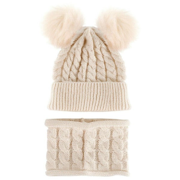 Barn Pompom-mössa och halsduk Set - Varm Stickad Beanie med Dubbla Pompoms för Pojkar och Flickor beige