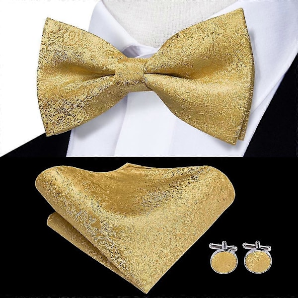 Beige Champagne Gold Silk Mens Bow Tie Hanky Cufflinks Set Jacquard Floral Pre Tied Butterfly Bowtie For Male Wedding Business-YuJia