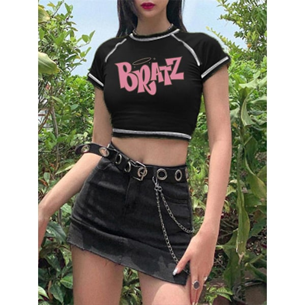 Helt Ny, Gothic T-skjorte for Kvinner Y2k Crop Top Komfortabel Trykk Retro Crop Top Rund Hals Kort Ermer, 50% Rabatt black m