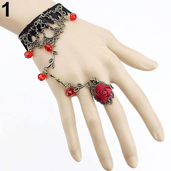 Retro Gothic Women Lace Bracelet Chain Ring Jewelry