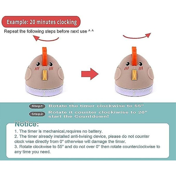 60-minutters opptrekkbar ur med 360 graders rotasjon, søt påske-kjøkkentimer, ingen batterier, 100% mekanisk, høy alarm, nedtelling, eggpåminnerklokke for matlaging
