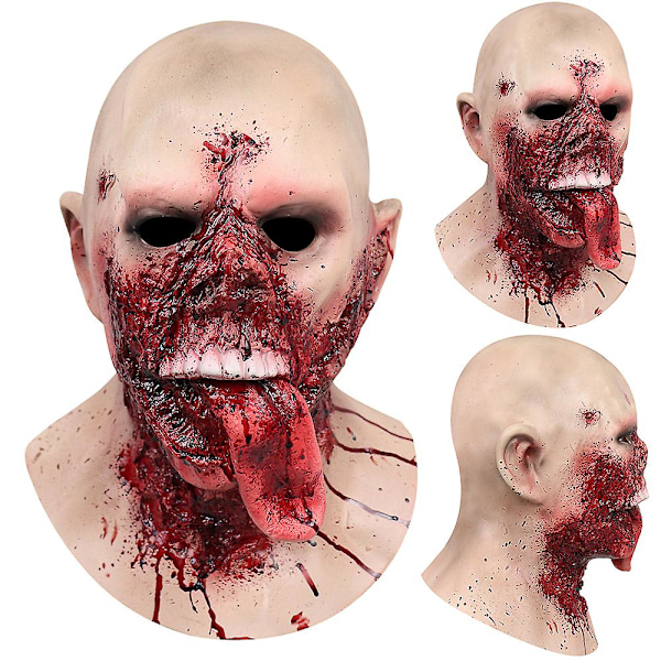 Skräck Blodig Zombie Tunga Mask Vuxen Läskig Latex Fullt Huvud Halloween Maskerad Cosplay Maskeraddräkt Prop