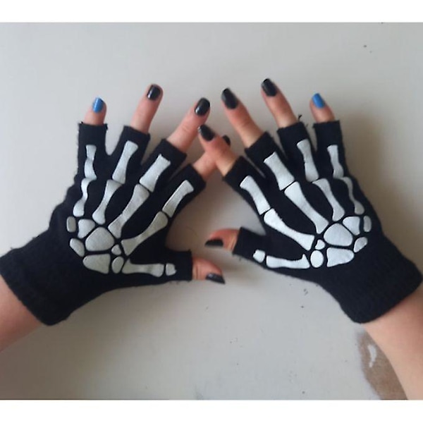 Punk-hansker Unisex Halloween Skjelett Skalle Halvfingerhansker Gløder I Mørket Fingerløse Stretch Strikket Vintervotter (#svart)