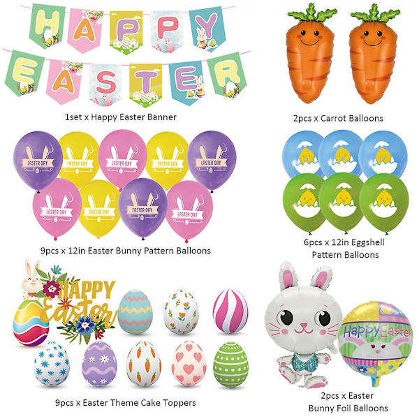 Happy Easter Ballongsett Dekorasjon Kanin Aluminiumfolie Ballong Banner Påske Egg Kake Toppers Dekor Festartikler