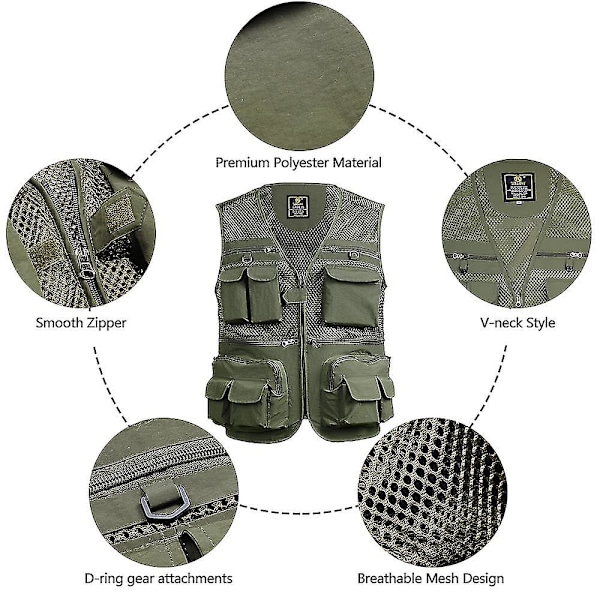 Fiskevest Åndbar Fiskeri Rejse Mesh Vest Med Lynlåslommer Sommer Arbejdsvest Til Udendørsaktiviteter army green xl