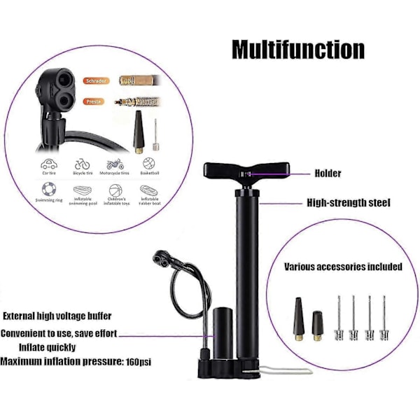 Høytrykks sykkelpumpe, gulvpumpe med Presta & Schrader ventiler, sykkelpumpe med ballpumpe nål for sykkel basketball