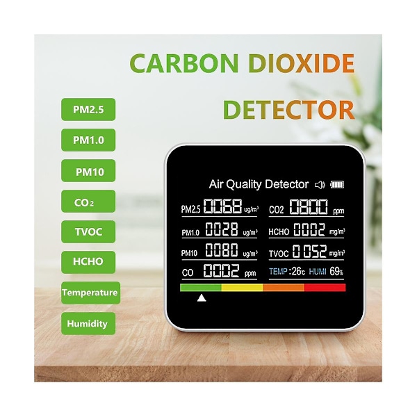 9 i 1 Luftkvalitetsmåler CO2-detektor TVOC HCHO PM2.5 PM1.0 PM10 Temperatur Luftfugtighed