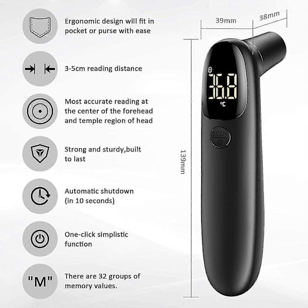 Pande & Øre Termometer, Kontaktløs Digital Termometer med LCD Skærm, Termometer til Børn eller Voksne - Sort - YuJia