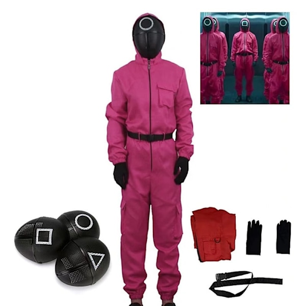 Børne Halloween Squid Game Cosplay Jumpsuit Kostume Sæt - HZ rose red + round mask 5-6 years old