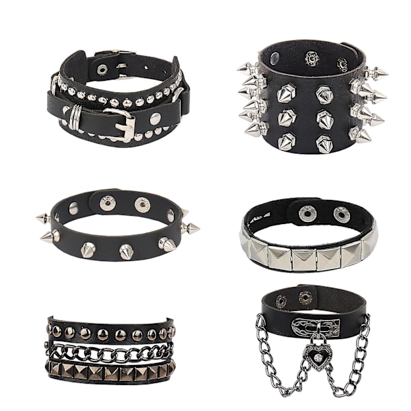 6 stk. Piggspikrete Nitter Punk Rock Biker Bredt Lær Armbånd Håndleddsbånd Aus