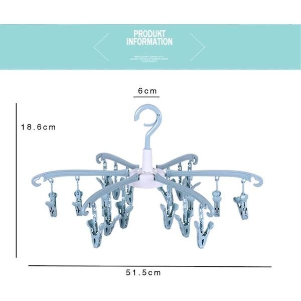 FLM Clips Folding Dryer - Bærbar sammenleggbar klesstativ med 18 klips for sokker og undertøy, blå