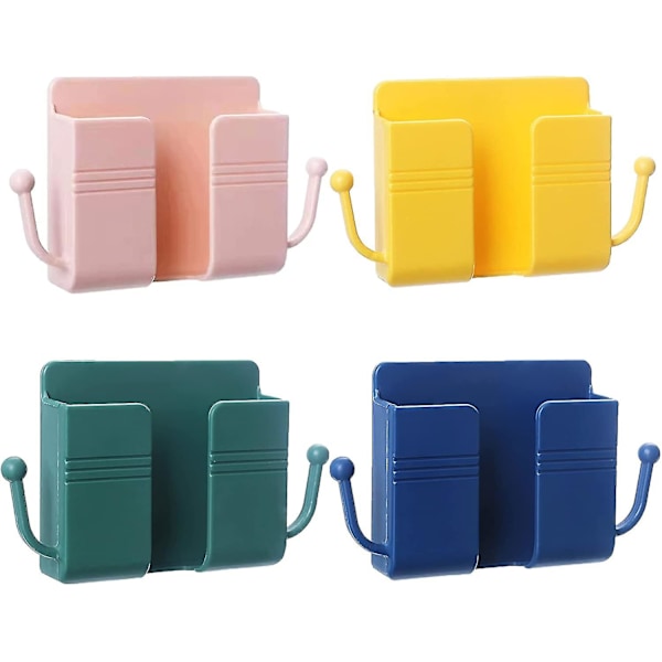 4pcs Plastic Wall Mount Phone Holder With Hook Self Adhesive Wall Beside Organizer Storage Box