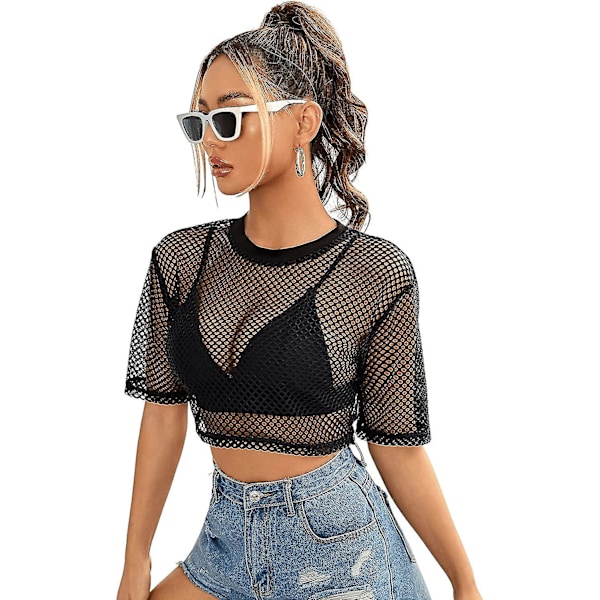 Women's Sexy Fishnet Sheer Long Sleeve Blouse See Through Mesh Crop Top  S-3xl