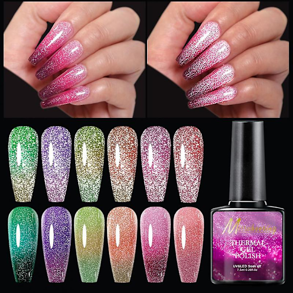 8 Farver Termisk Neglelak Gel Skinnende Sekvens Effekt Lak Bling Glitter Soak