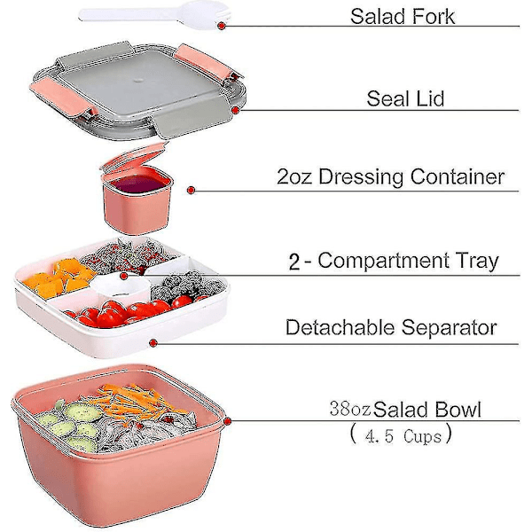 Madkasse med 3 rum, Salatmadkasser til voksne / børn, Lækagesikre Bentokasser, Mikrobølgeovnssikre, BPA-fri