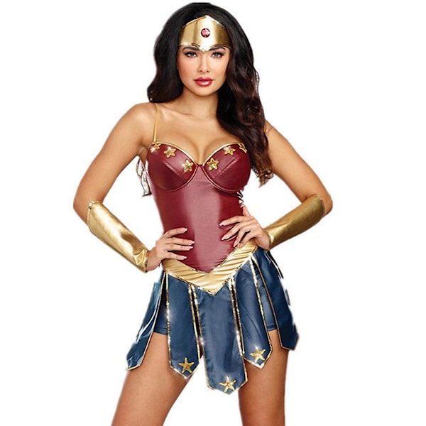 Wonder Woman Cosplay-kostym för kvinnor, miniklänning, huvudbonad, armband, set för rollspel, fest, karneval, maskeradkläder s