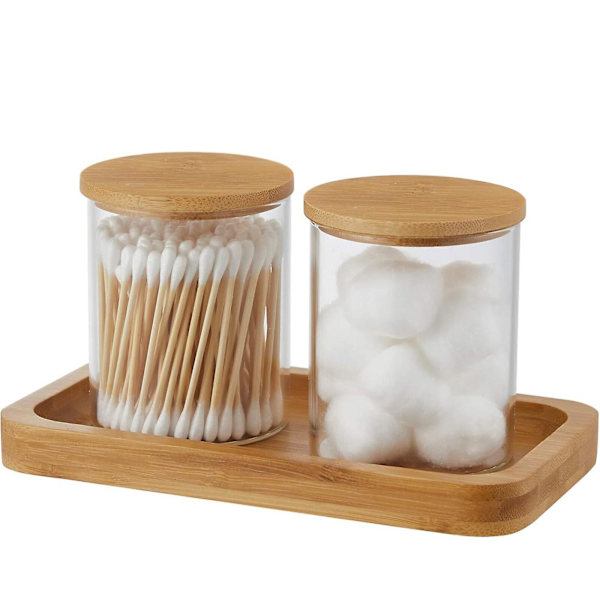 2 stk. Glas Qtips Holder Dispenser med Bambuslåg, Bomuldsrondel Rund Pindeholder