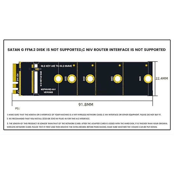 M.2 A+E KEY-spor til M.2 NVME Adapterkort NGFF til KEY-M Utvidelseskort NVMe PCI Express SSD Port Utvidelsesadapter