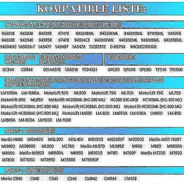 2-pak udskiftningshåndholdt Chamberlain Liftmaster Motorlift Garagedørsender 94335e | 84335e | Ml700 | Ml500 | Ml850 | Merlin + C945 | C840 Se