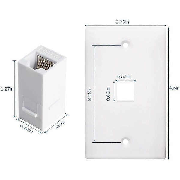 2-pakks 1-ports Ethernet veggplate, Jack veggplate med RJ45 hunn til hunn inline koblingsinnsats