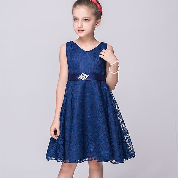 Lasten tyttöjen pitsiprinsessamekko Hääjuhla Juhlamekko Prom-mekko navy blue 8-9 years