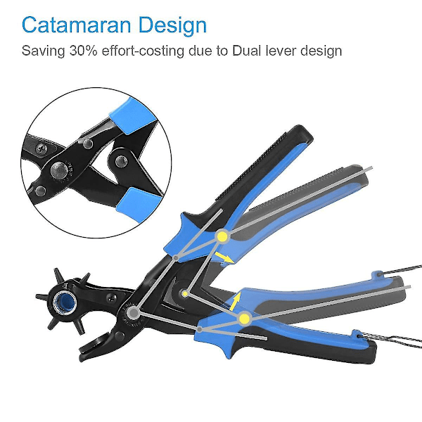 Läderhålstämpel, kraftig roterande tång med 1 extra platta, linjal slipstång (blå)