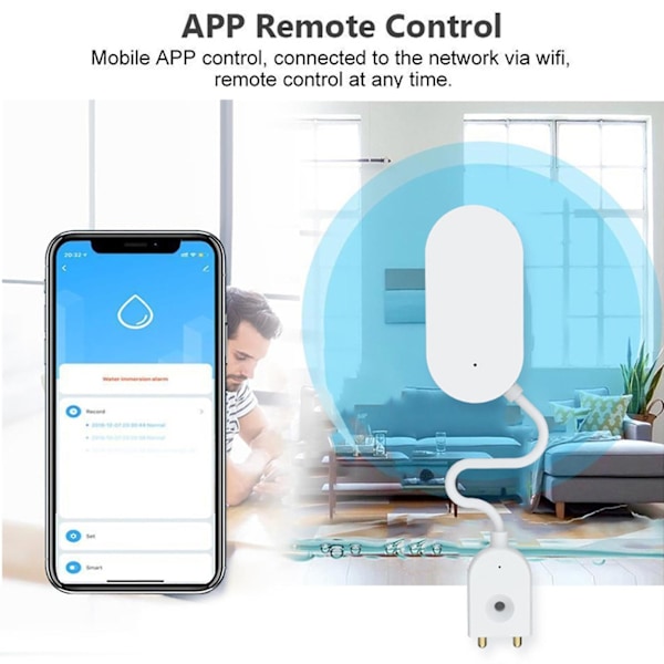 Flomdetektor Plug and Play Batteridrevet Lavt Energiforbruk Appkontroll Familiedeling Smart Hjem Automatisering Hvit Tidlig Alarm Vann Nedsenking