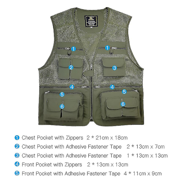 Fiskeskjorte Pustende Fiskeri Reise Mesh Vest Med Glidelås Lommer Sommer Arbeidsvest For Utendørsaktiviteter army green 4xl