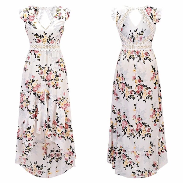 Women Floral Print Long Dress Summer Open Back Irregular Deep V Neck Bohemian Dress