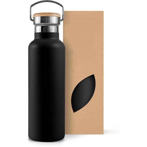 Insulated Water Bottle 25 oz, Black Water Bottle with Handle, Stainless Steel Water Bottle, Thermos Water Bottle Metal, 1 Liter Water Bottle, Large Wa