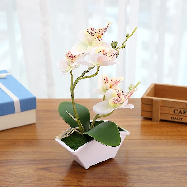 Kunstig Silkeblomst Dobbel-grenet Phalaenopsis Kunstig Blomst Potte Landskapsdekorasjon Kunstig Plante Potte Grønn Plante, hvit