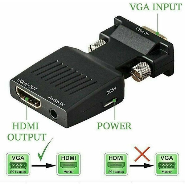 GXMRHWY VGA-uros-HDMI-naaras Äänen ja Videon Muunnin Adapteri Musta