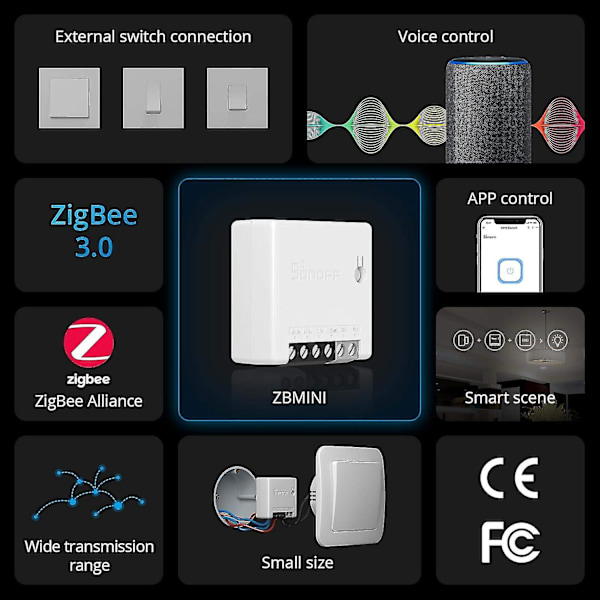 ZigBee Mini Älykytkin, 2-tieinen Valokytkimen, ZigBee 3.0 Gateway Hub Vaaditaan, Neutraali Johdin Vaaditaan