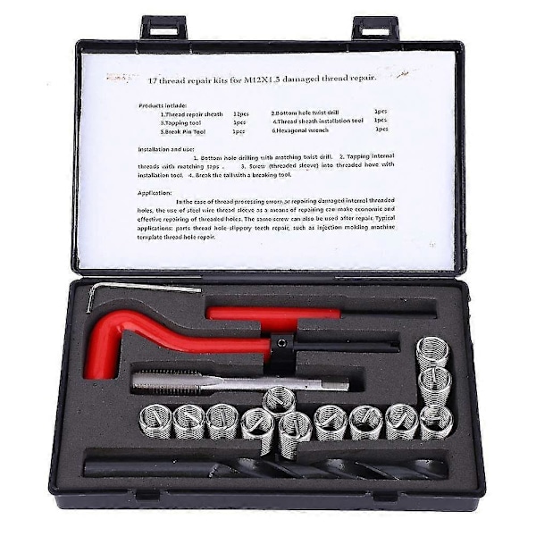 M12 x 1.5mm Thread Repair kit, Stainless Steel Drill Helicoil Repair Kit, 17Pcs Thread Repair Kit, Threaded Inserts Installation Tool for Repairing In