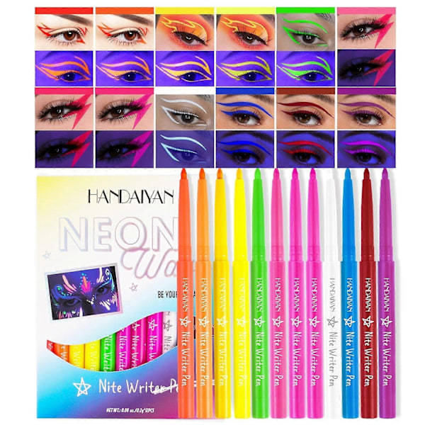 12 Färger UV Glow Eyeliner Set, Neonfärgad Eyeliner, Invändig Matt Eyelinerpenna, Färgglad Eye Liner Makeup Set för Halloween och Fester 1 set