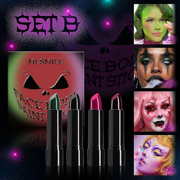 4 Farger Ansikts- og Kroppsmalingsstift, Høy Pigment Kremet Tekstur Blandbar Ansiktsmalingsstiftsett, Halloween SFX Skjelett Klovn Lik Cosplay Sminke set b