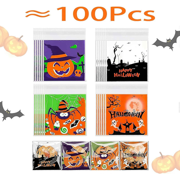 100 stk Halloween-poser med selvklebende lukning - Halloween-godteriposer, Halloween-kjeksposer, små trick-or-treat-poser til kjeks, kaker, godteri og gaver 2pcs