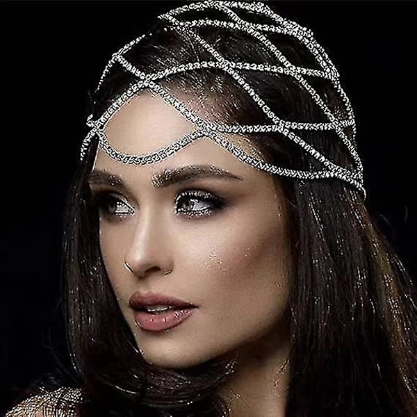 Designer Krystal Hovedkæde Sølvhætte Tiara Fest Rhinestone Bezel Paryk Smykker Gatsby Mave Dans Cleopatra Kvinders Hårtilbehør