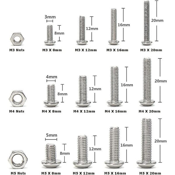 Sett med 440 stk M3 M4 M5 rustfrie stålskruer med sekskanthode, knapphode, kabelskruer, låsemuttere og oppbevaringsboks