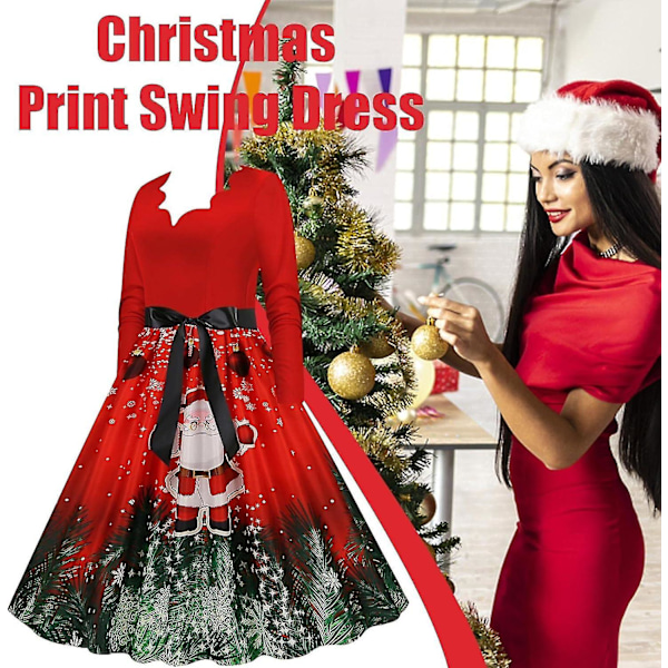 Christmas Print Dresses For Women,classic Scalloped Tea Dress For Female - 1950s Style V Neck Dress Swing Cocktail Party Dresses C-mxbc