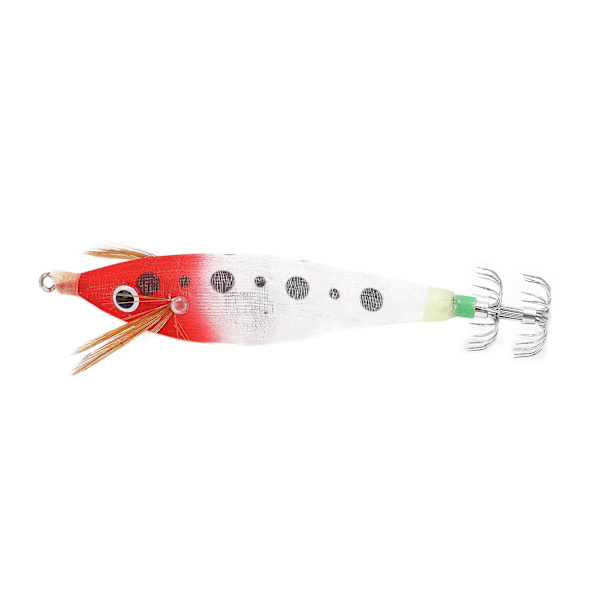Luminous Squid Jig Fiskeagn - Hård Agnsfisk til Hav, Flod og Damfiskeri (Rødt Lys, Hvid Krops, Sorte Pletter)