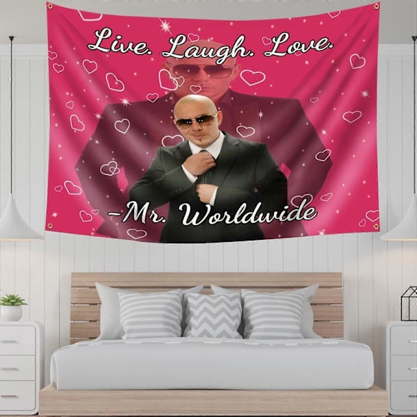 Mr Worldwide Sier til å Leve, Le og Elske Morsom Veggteppe Romdekorasjon, Pitbull Veggteppe Poster 3D Boutique Kunst Henger Pop