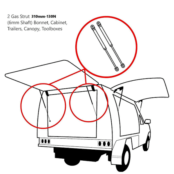 2 stk. Universelle Gasfjeder Løftestøtter 310mm-130N Skaft til Kaleche Bagside og Bagruder 007115 6603030