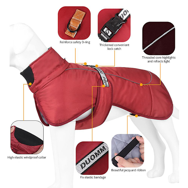 Varm jakke for stor hund med refleks, vindtett, quiltet vest, klær, jakke med sele, utendørs hundebekledning red 4xl