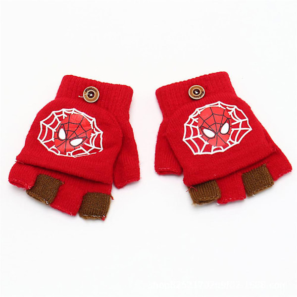 Kids Spiderman Knitted Mitten Warm Half Finger Flip Cover Gloves For Writing/outdoor Playing Gifts red