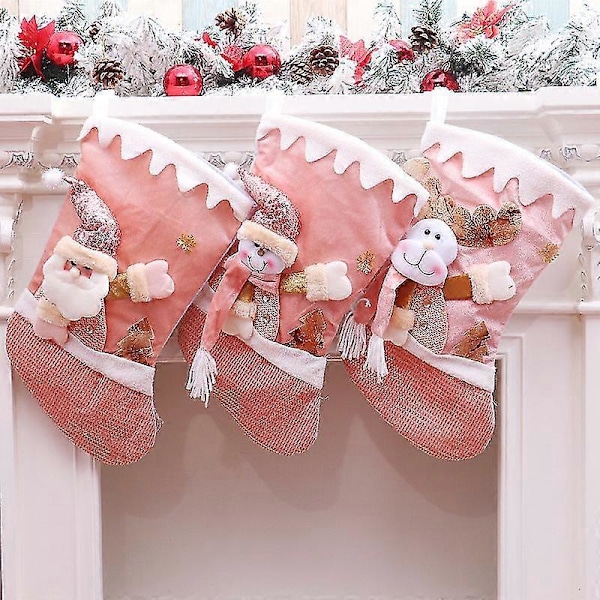 3pcs Pink Christmas Stocking Decorations Large Three-dimensional Elderly Candy Socks Christmas Gift Pendant