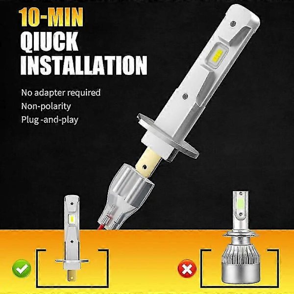 Aileo 2 stk. H3 H1 LED-lys 13000lm 6000k Forlygte Pære Mini Størrelse Design Trådløs Til Bil Lamper Csp 7035 Chips Hvid Plug&play