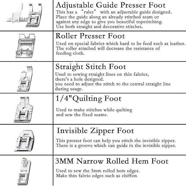 12-delt trykkfotsett, rett fot, rullefot, snap-on symaskinfot trykkfotsett for symaskiner