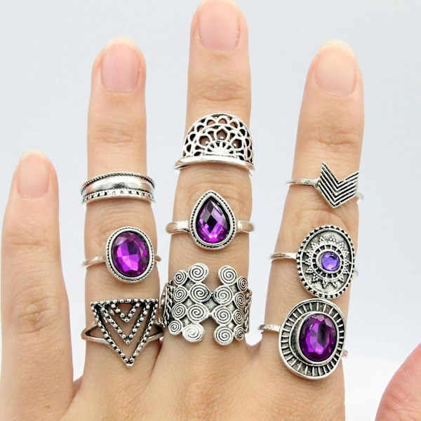 9 st/set Vattendroppe Stapelbara Knuckle Rings Legering Bohemia Lila Faux Gem Finger Rings Smycken Tillbehör